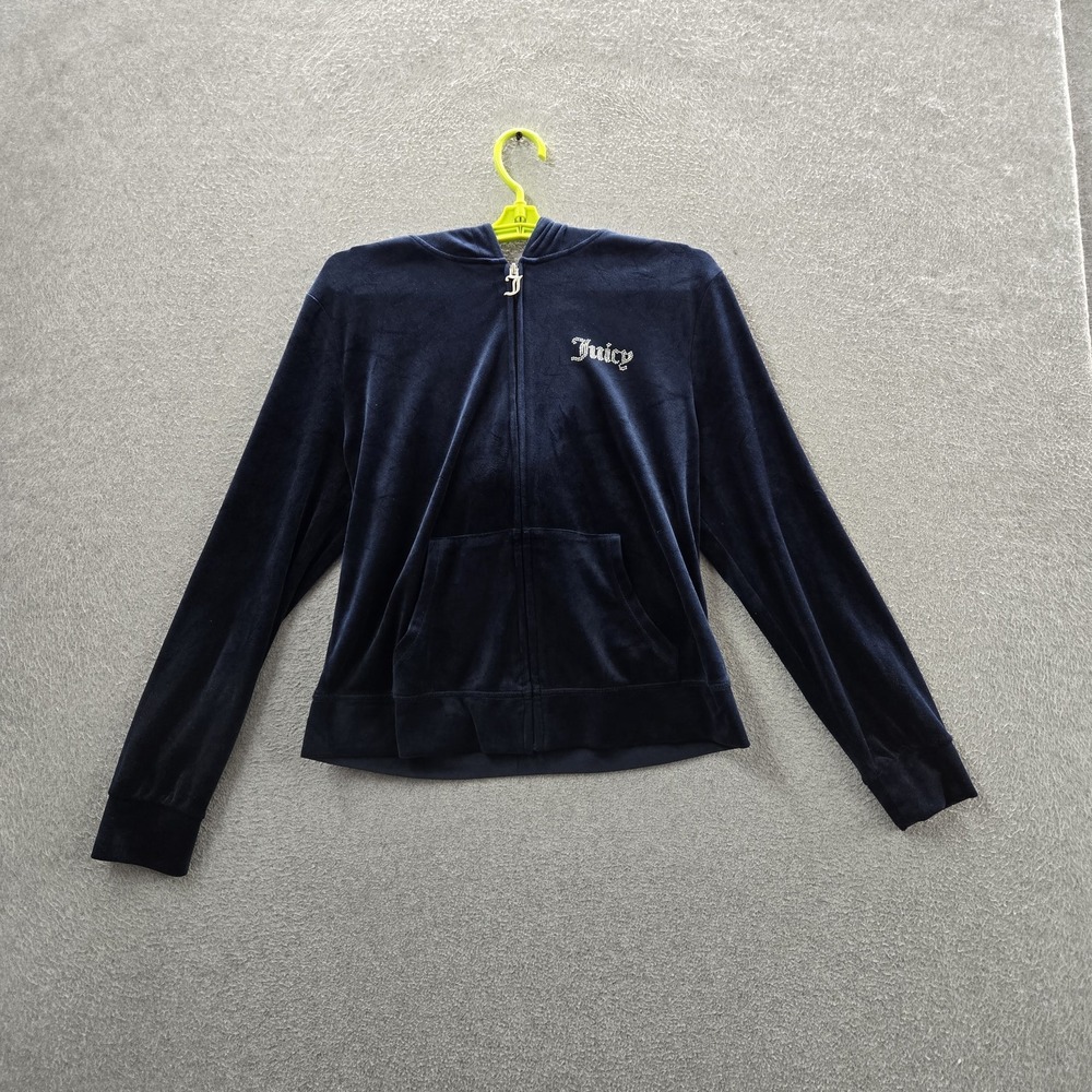 Juicy Couture Women Jacket L Navy Blue Juicy Logo Rhinestones Track Velour